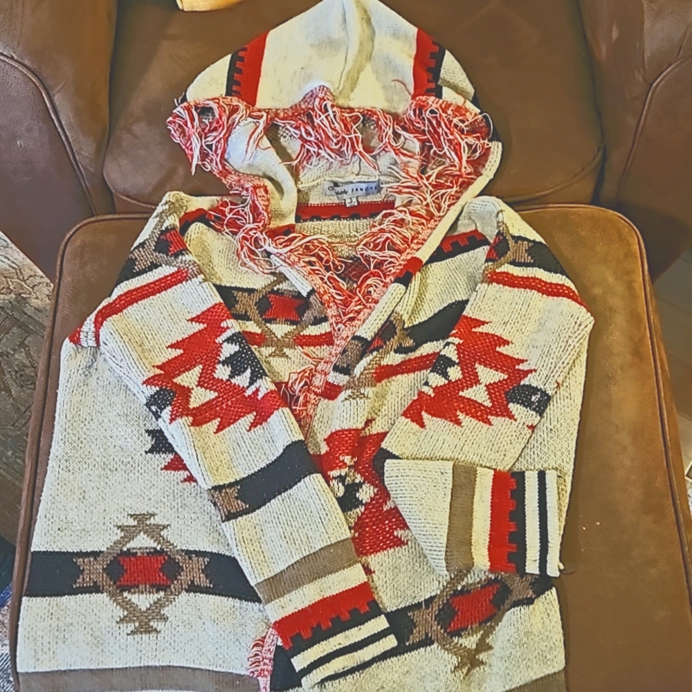 Aztec style print long sleeve hooded cardigan sweater